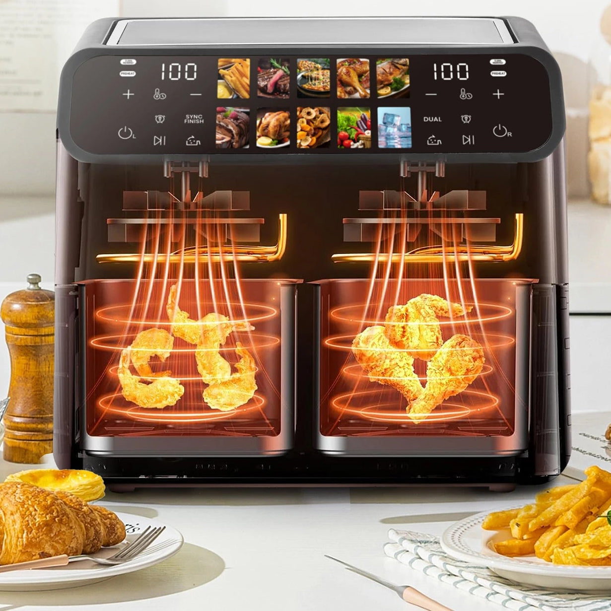 Friteuse à Air Chaud Double Panier 9L – 2x4,5L, 10 Programmes, LED | 2000W