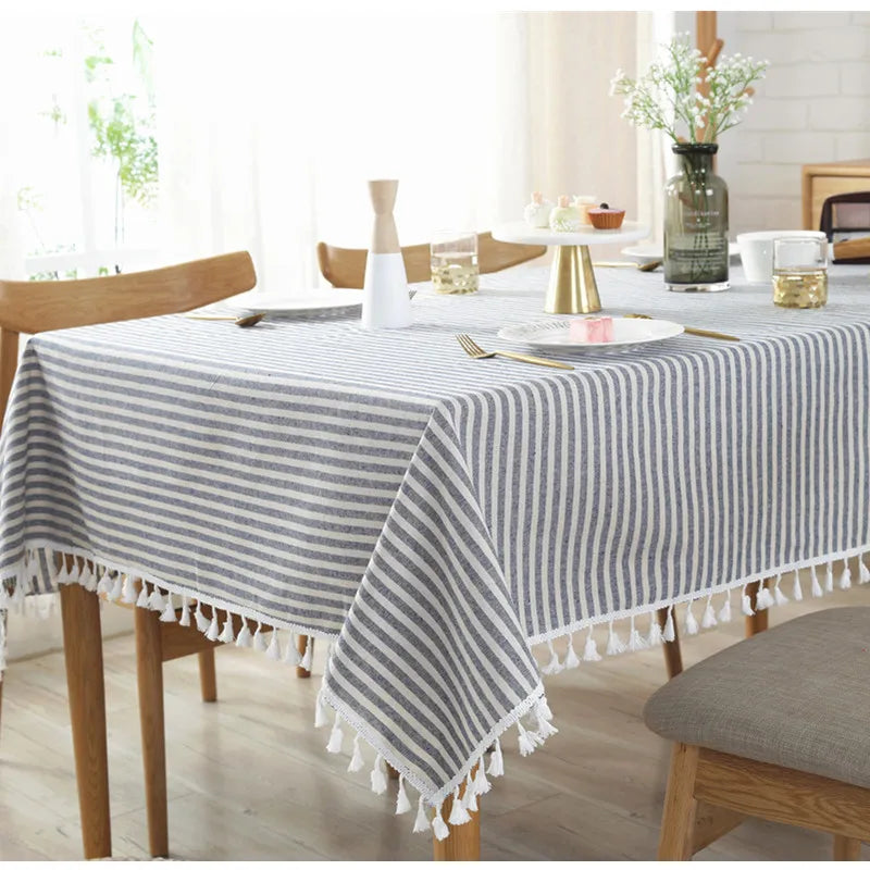Nappe Coton & Lin à Rayures – Style Bohème avec Franges – Multi Tailles