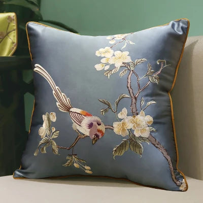 Housse de Coussin Brodée – Style Chinois Fleurs & Oiseaux | 3 Tailles