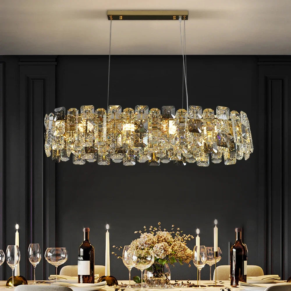 Lustre Cristal Ovale Doré LED – Salle à Manger & îlot de Cuisine, L95 ou L120cm | Oval Gold Chandelier