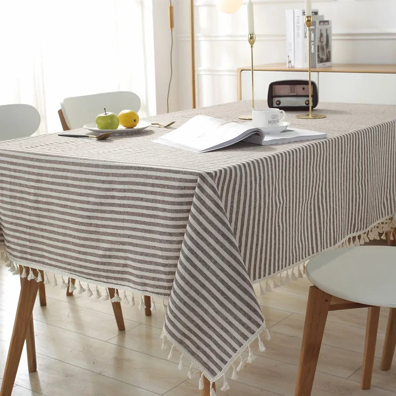 Nappe Coton & Lin à Rayures – Style Bohème avec Franges – Multi Tailles