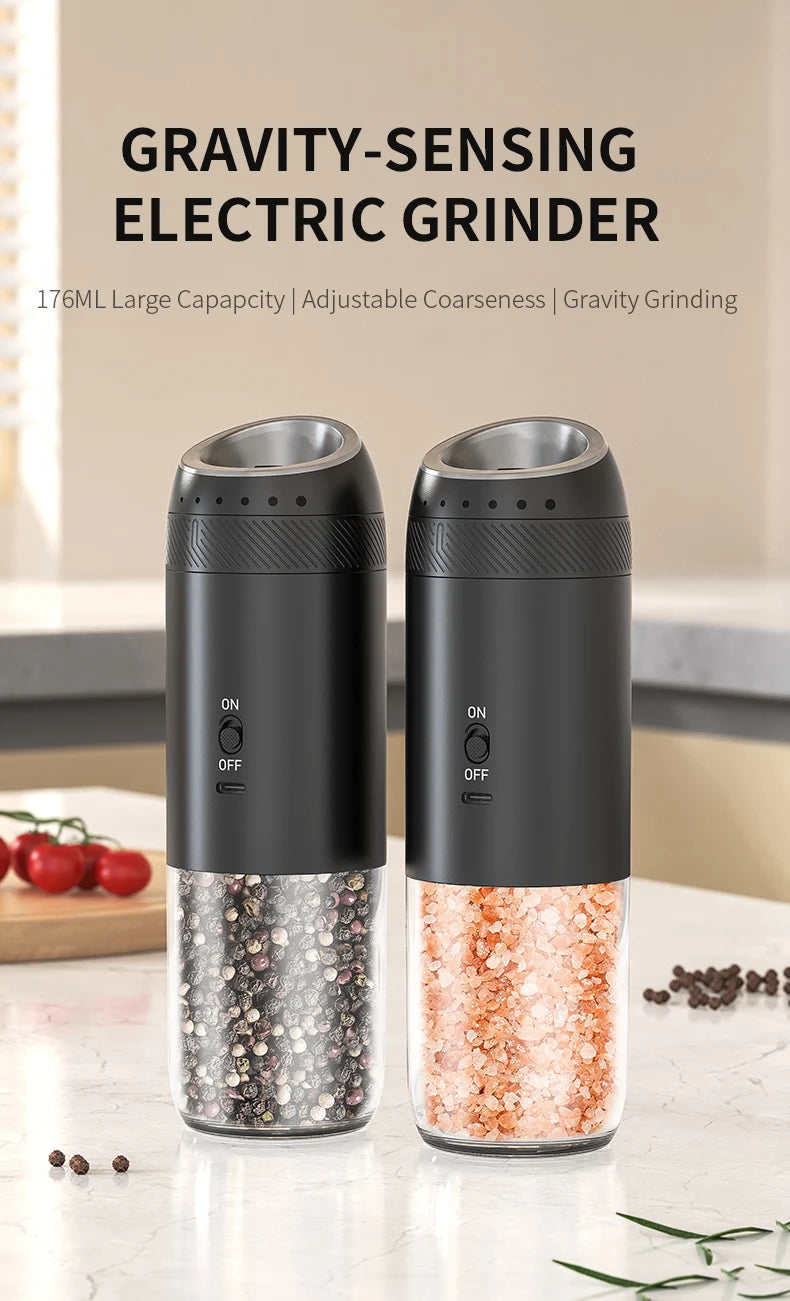 Electric Salt & Pepper Grinder – Integrated LED, Automatic Gravity, Rechargeable – 1 or 2 pieces