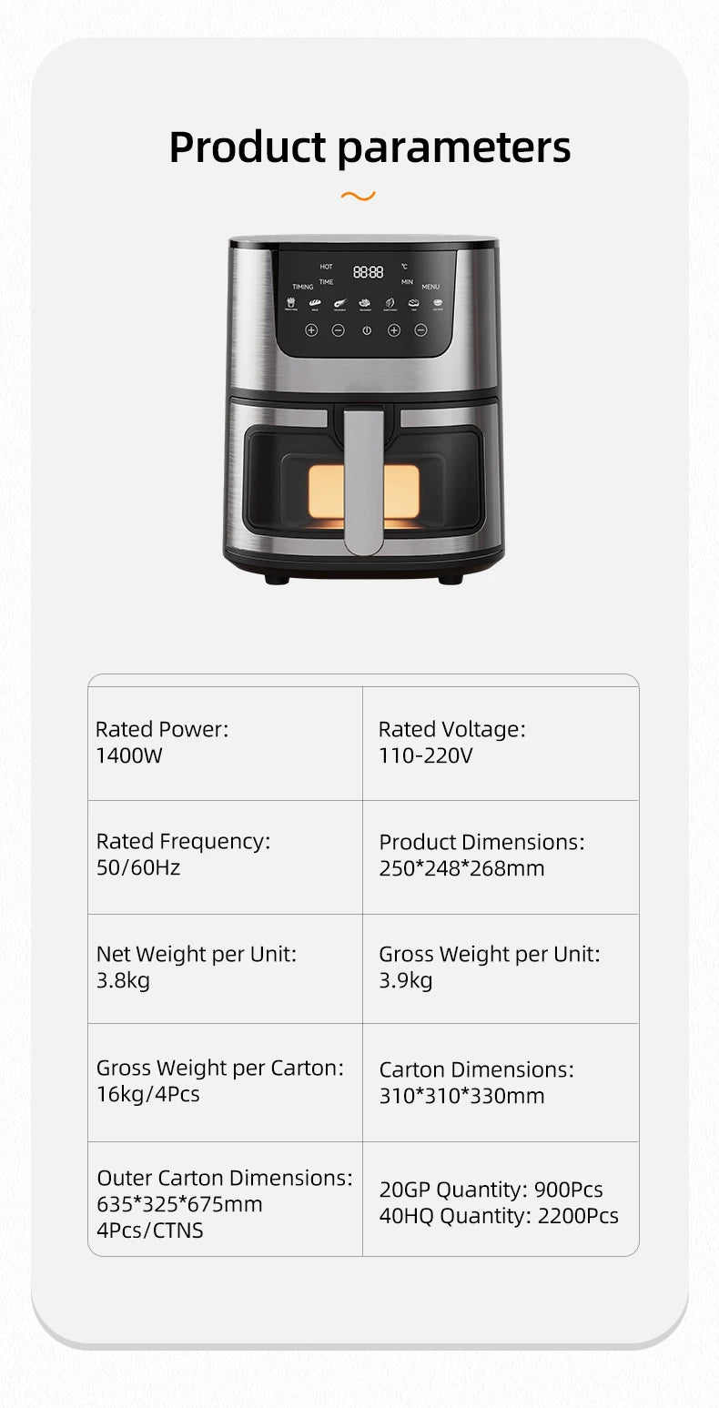 Friteuse à Air Visuelle 7L DIVEDEER – 1400W, Multifonction, Sans Huile
