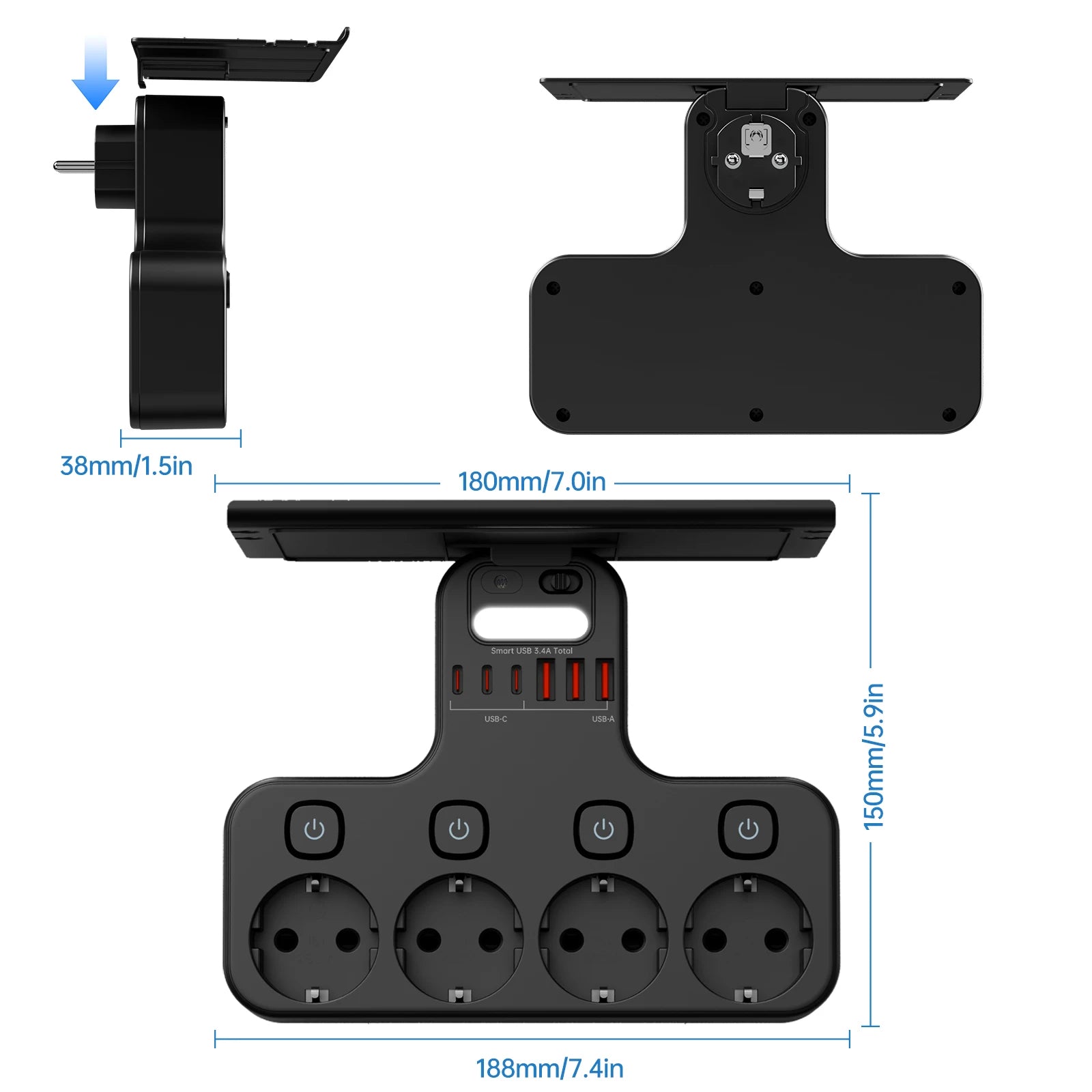Multiprise EU Multifonction 4000W – 4 Prises, 4 USB, Veilleuse & Support Téléphone