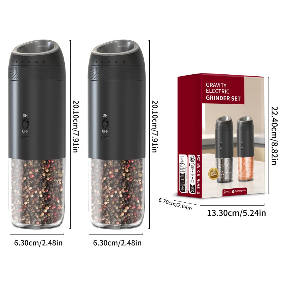Electric Salt & Pepper Grinder – Integrated LED, Automatic Gravity, Rechargeable – 1 or 2 pieces