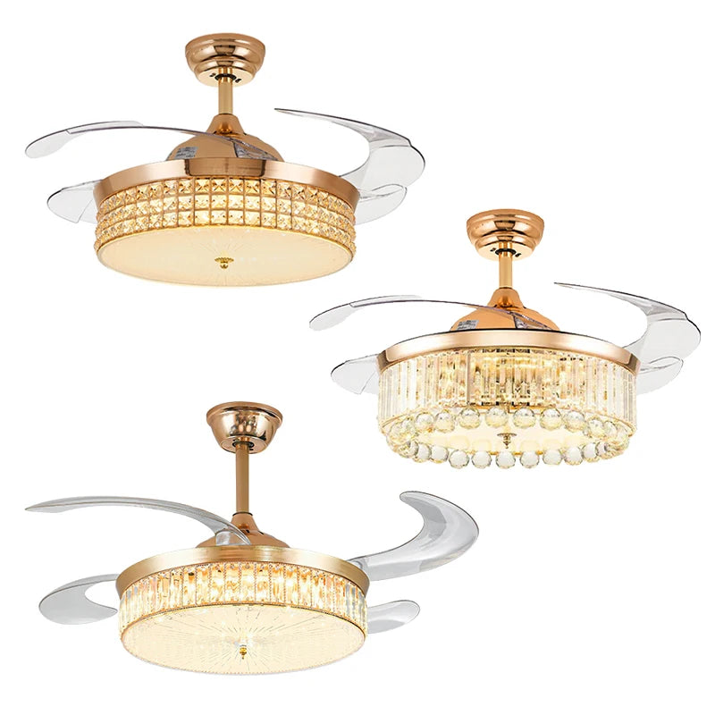 Ventilateur de Plafond LED Cristal & Or – Télécommande, Dimmable, 3 Designs | Crystal Ceiling Fan