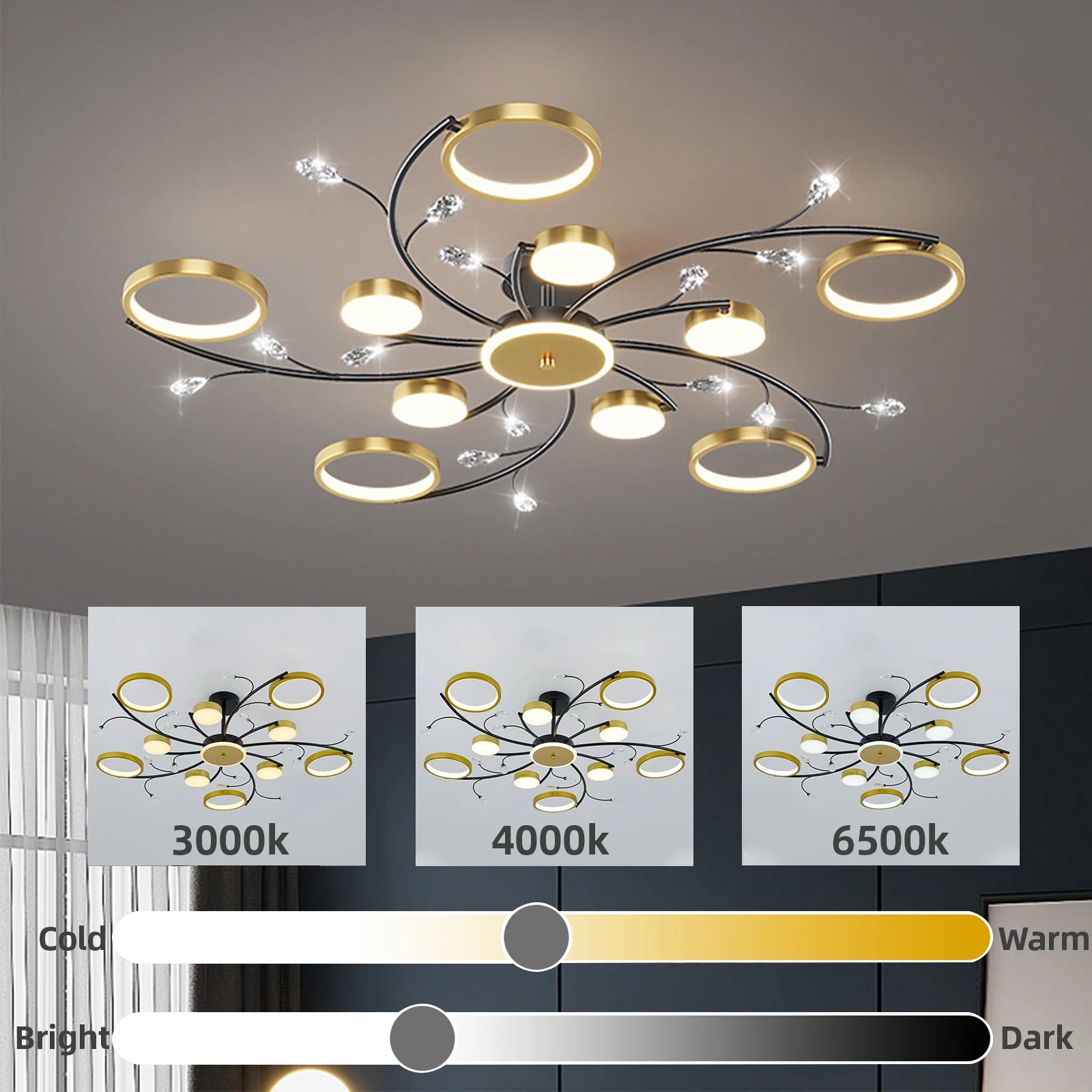 Lustre Plafonnier LED Doré Style Nordique – Dimmable Télécommande – 6, 8 ou 10 Lumières – Salon & Hôtel