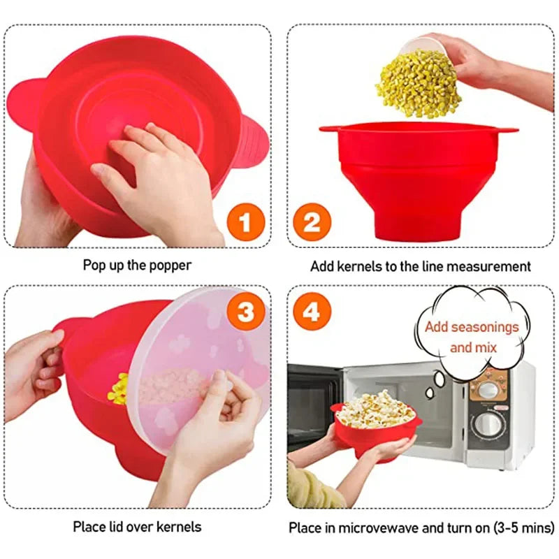 Bol à Popcorn en Silicone – Pliable, Alimentaire, Micro‑Ondes, avec Couvercle