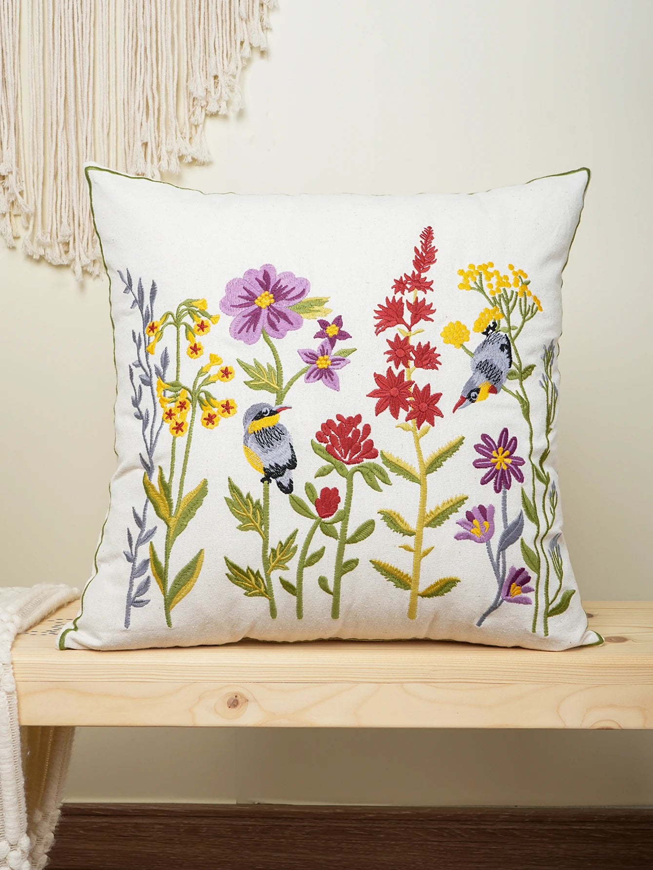 Housse de Coussin Brodée 🌸 | Fleurs & Oiseaux – 3 Tailles – Zip Invisible – Déco Canapé