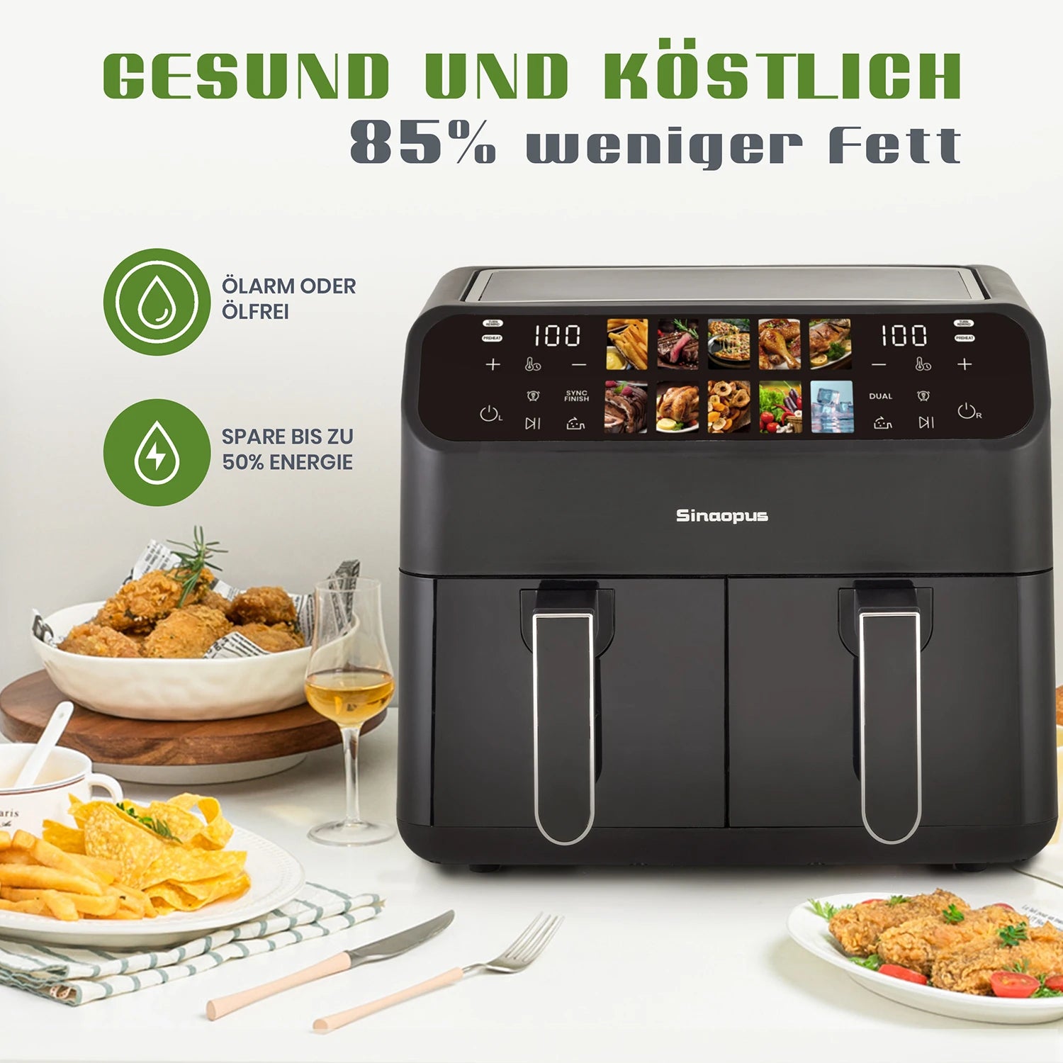 Friteuse à Air Double Panier 9L – Fenêtre Visible, Commande LED, Sans Huile