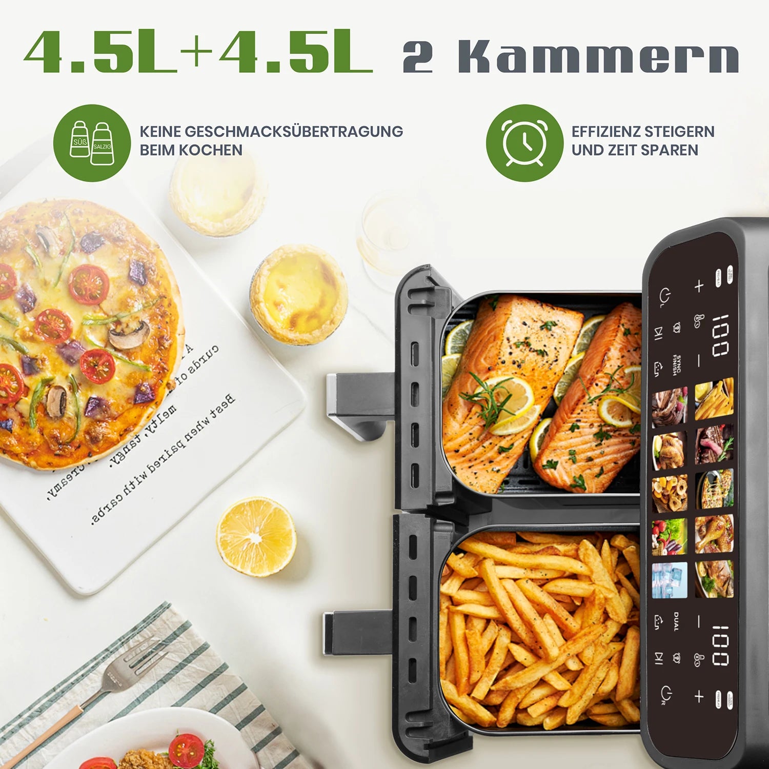 Friteuse à Air Double Panier 9L – Fenêtre Visible, Commande LED, Sans Huile