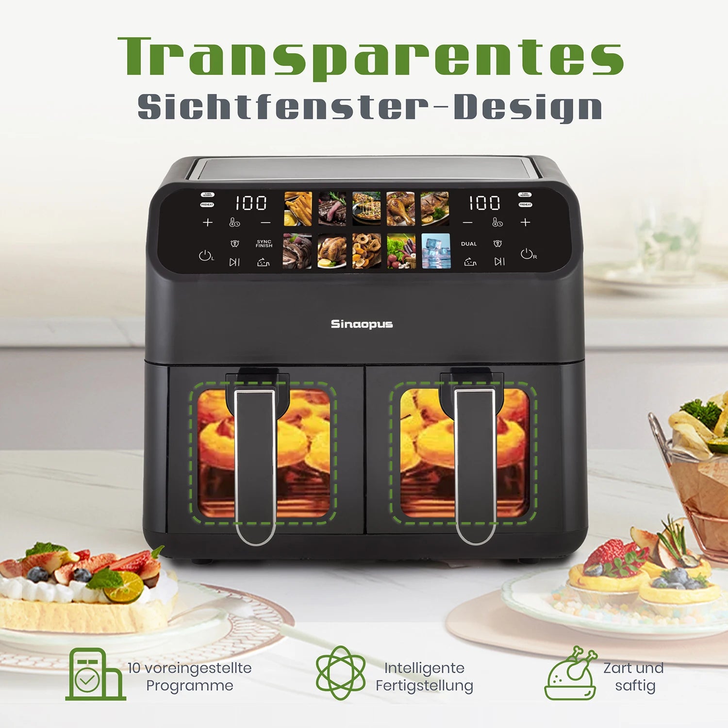 Friteuse à Air Double Panier 9L – Fenêtre Visible, Commande LED, Sans Huile