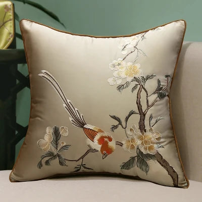 Housse de Coussin Brodée – Style Chinois Fleurs &amp; Oiseaux | 3 Tailles