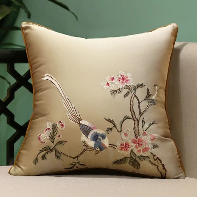 Housse de Coussin Brodée – Style Chinois Fleurs &amp; Oiseaux | 3 Tailles