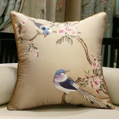 Housse de Coussin Brodée – Style Chinois Fleurs &amp; Oiseaux | 3 Tailles