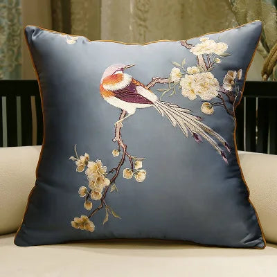 Housse de Coussin Brodée – Style Chinois Fleurs &amp; Oiseaux | 3 Tailles