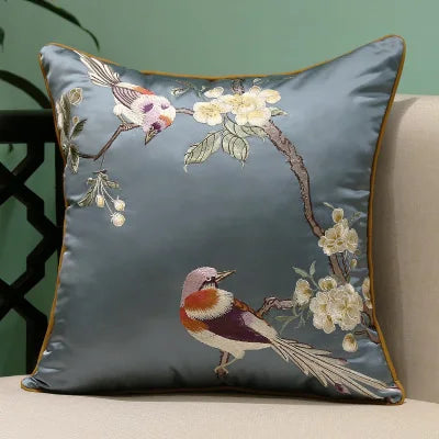 Housse de Coussin Brodée – Style Chinois Fleurs &amp; Oiseaux | 3 Tailles