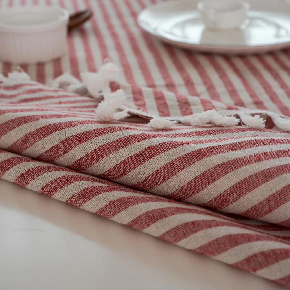 Nappe Coton &amp; Lin à Rayures – Style Bohème avec Franges – Multi Tailles