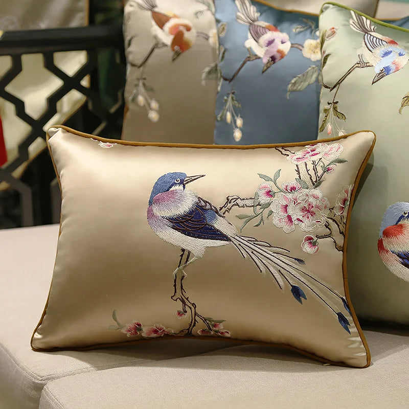 Housse de Coussin Brodée – Style Chinois Fleurs &amp; Oiseaux | 3 Tailles