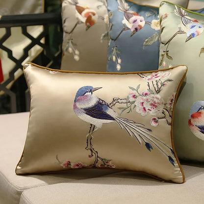 Housse de Coussin Brodée – Style Chinois Fleurs &amp; Oiseaux | 3 Tailles