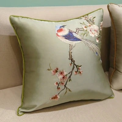 Housse de Coussin Brodée – Style Chinois Fleurs &amp; Oiseaux | 3 Tailles
