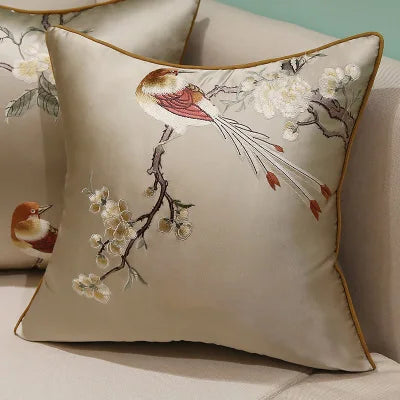 Housse de Coussin Brodée – Style Chinois Fleurs &amp; Oiseaux | 3 Tailles