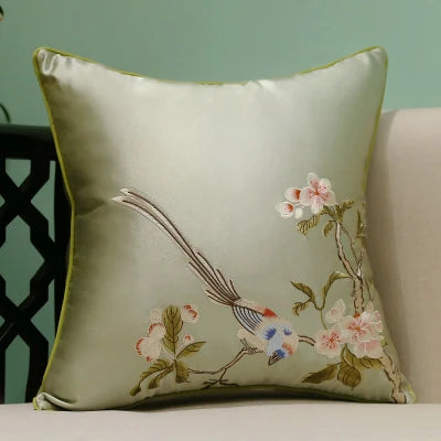 Housse de Coussin Brodée – Style Chinois Fleurs &amp; Oiseaux | 3 Tailles