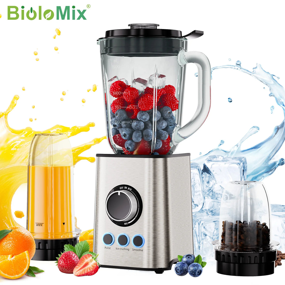 Blender BioloMix 3‑en‑1 – Smoothie Maker 1300W, Mixeur Personnel &amp; Moulin Multifonction