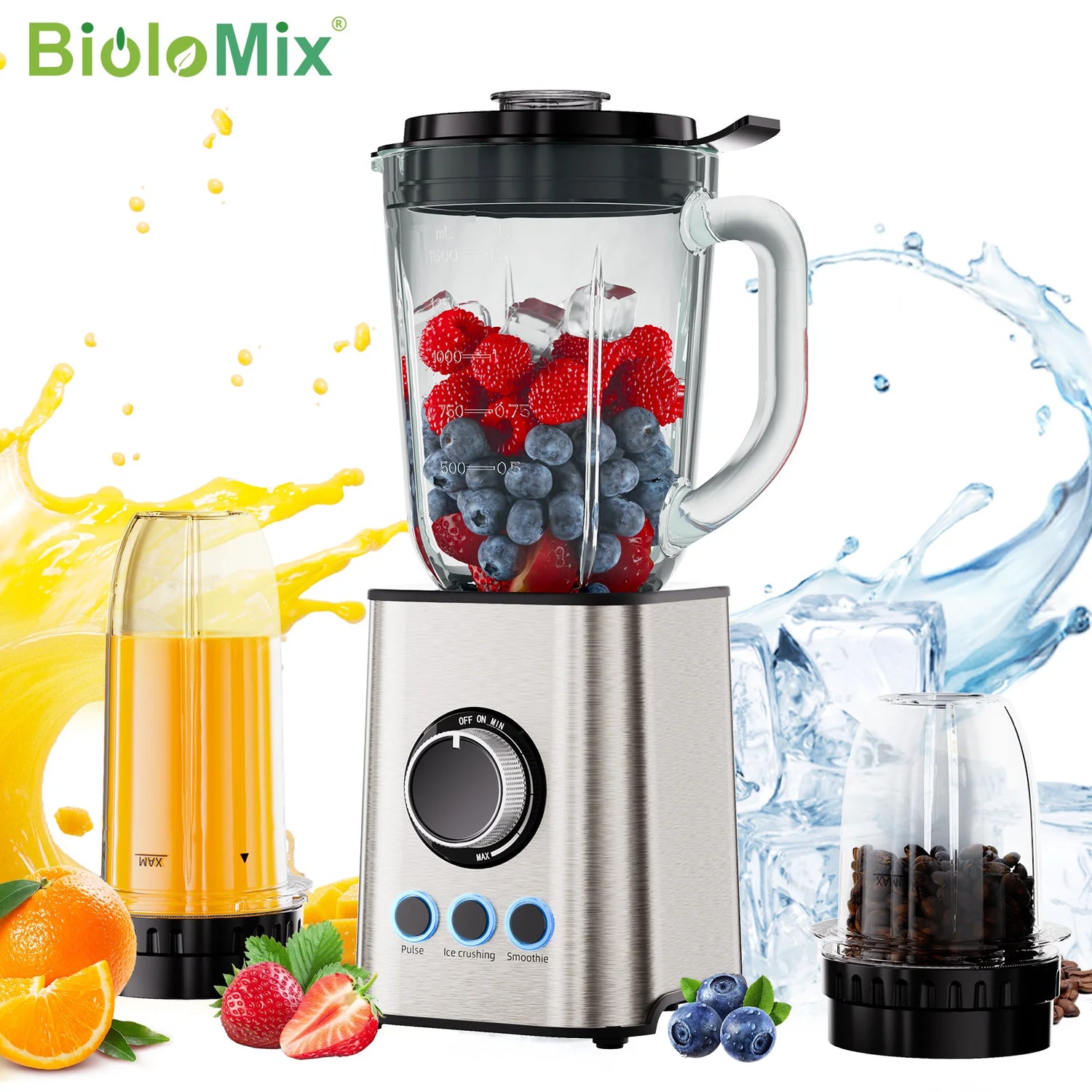 BioloMix 3-in-1 Blender – 1300W Smoothie Maker, Personal Blender &amp; Multifunction Grinder