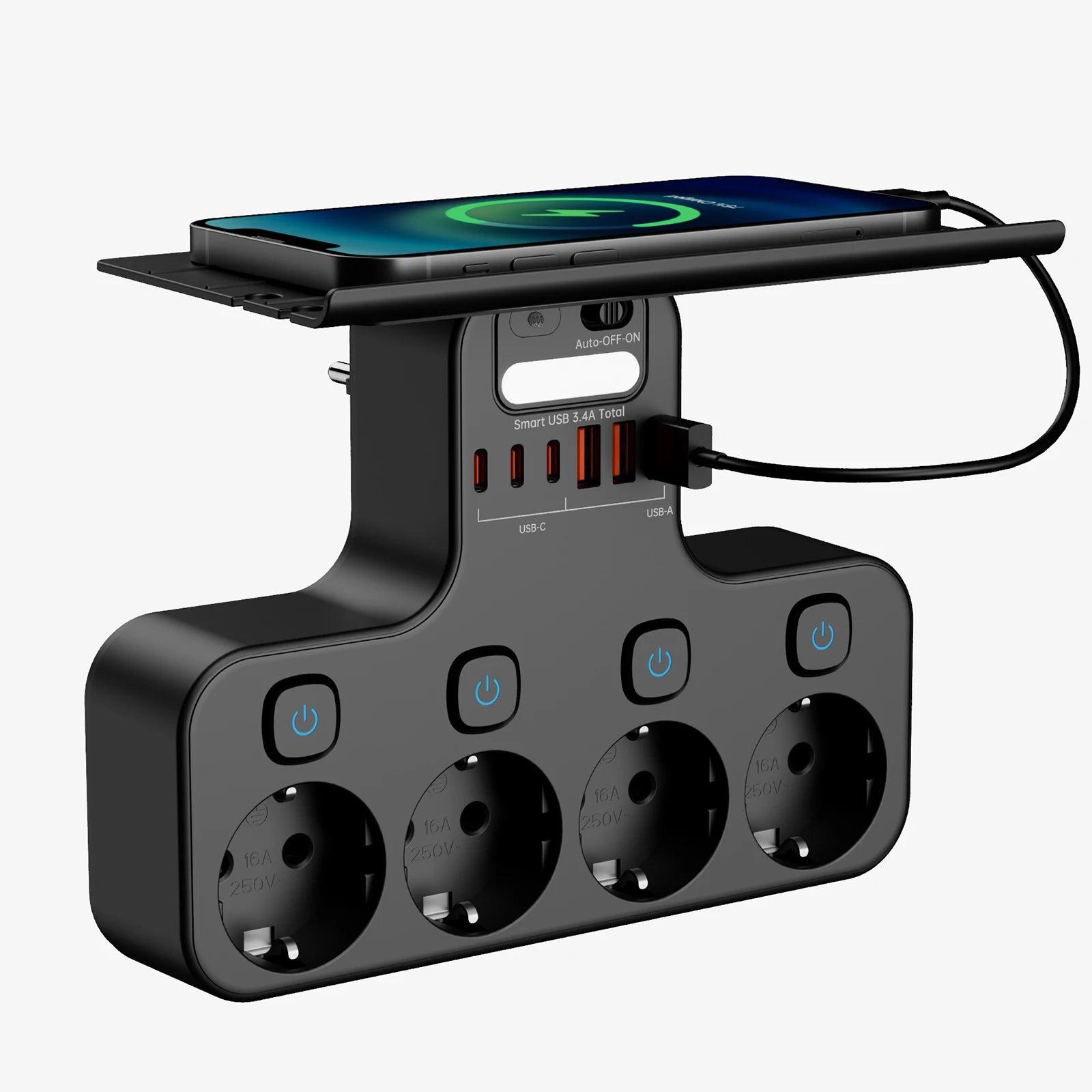 Multiprise EU Multifonction 4000W – 4 Prises, 4 USB, Veilleuse &amp; Support Téléphone