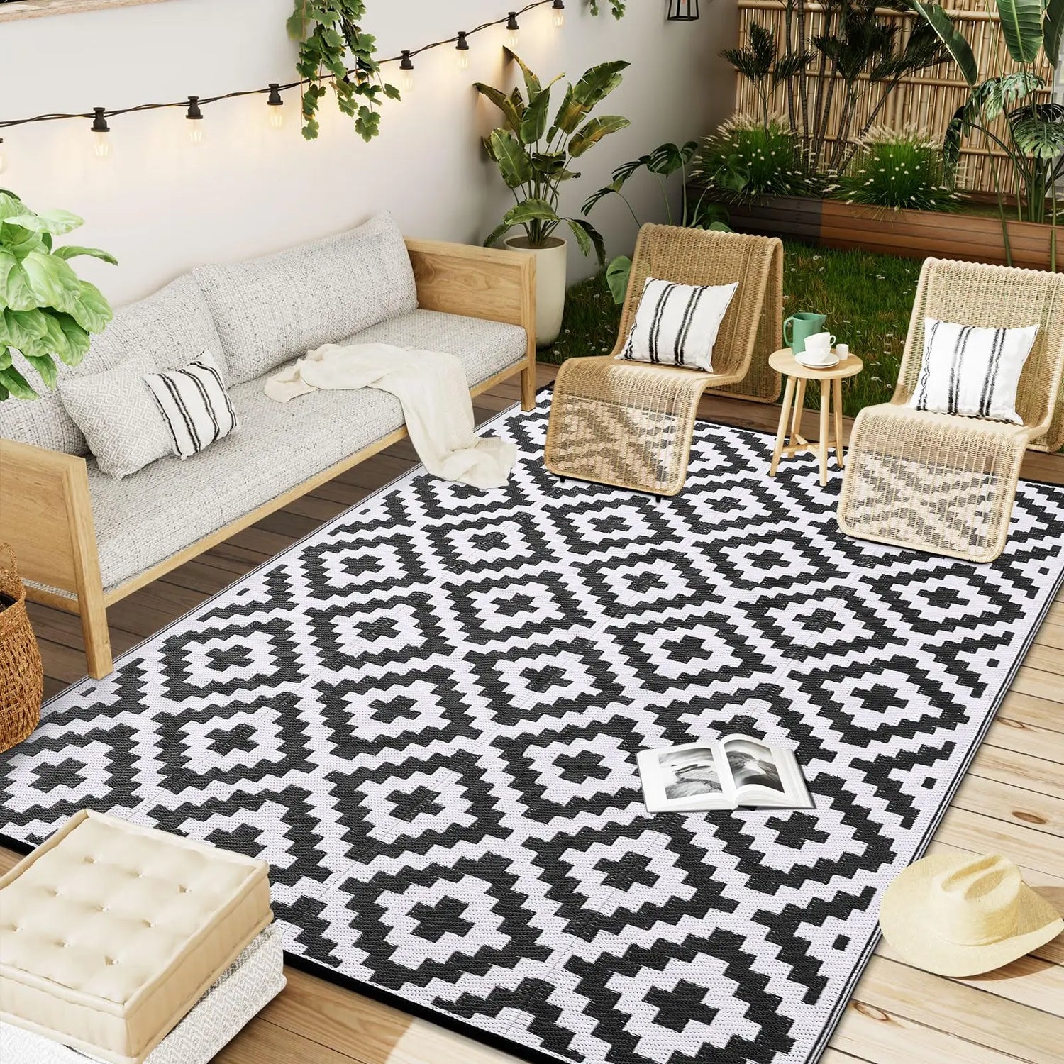Tapis Extérieur Imperméable Réversible – Matière Recyclée – Terrasse, Balcon &amp; Pique-nique | 5 Tailles