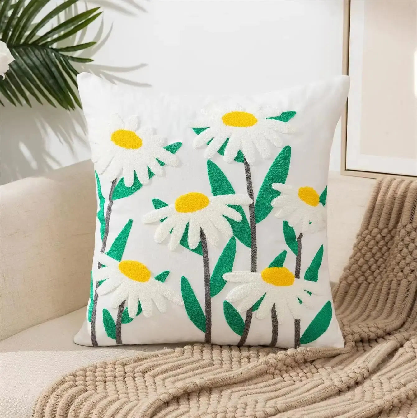 Housse de Coussin Boho Florale Brodée – Coton Doux | Déco Canapé &amp; Lit