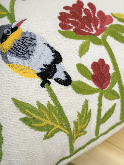 Housse de Coussin Brodée 🌸 | Fleurs &amp; Oiseaux – 3 Tailles – Zip Invisible – Déco Canapé