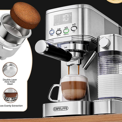 Machine à Café Expresso Automatique 20 Bars – Mousseur de Lait Intégré, Acier Inoxydable, Cappuccino &amp; Latte