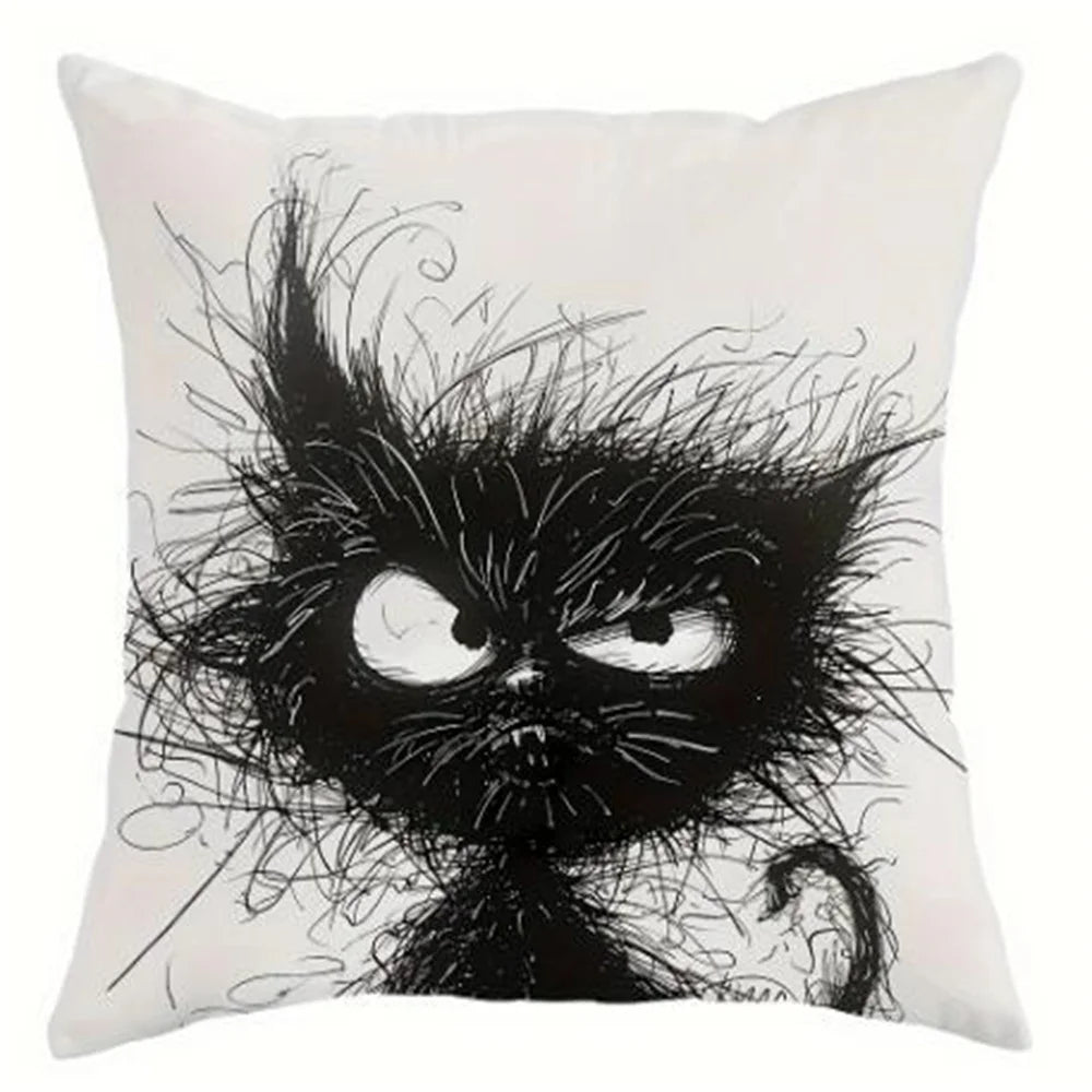 Housse de Coussin Décorative en Lin – Motif Chat Fantaisie | 45x45 cm