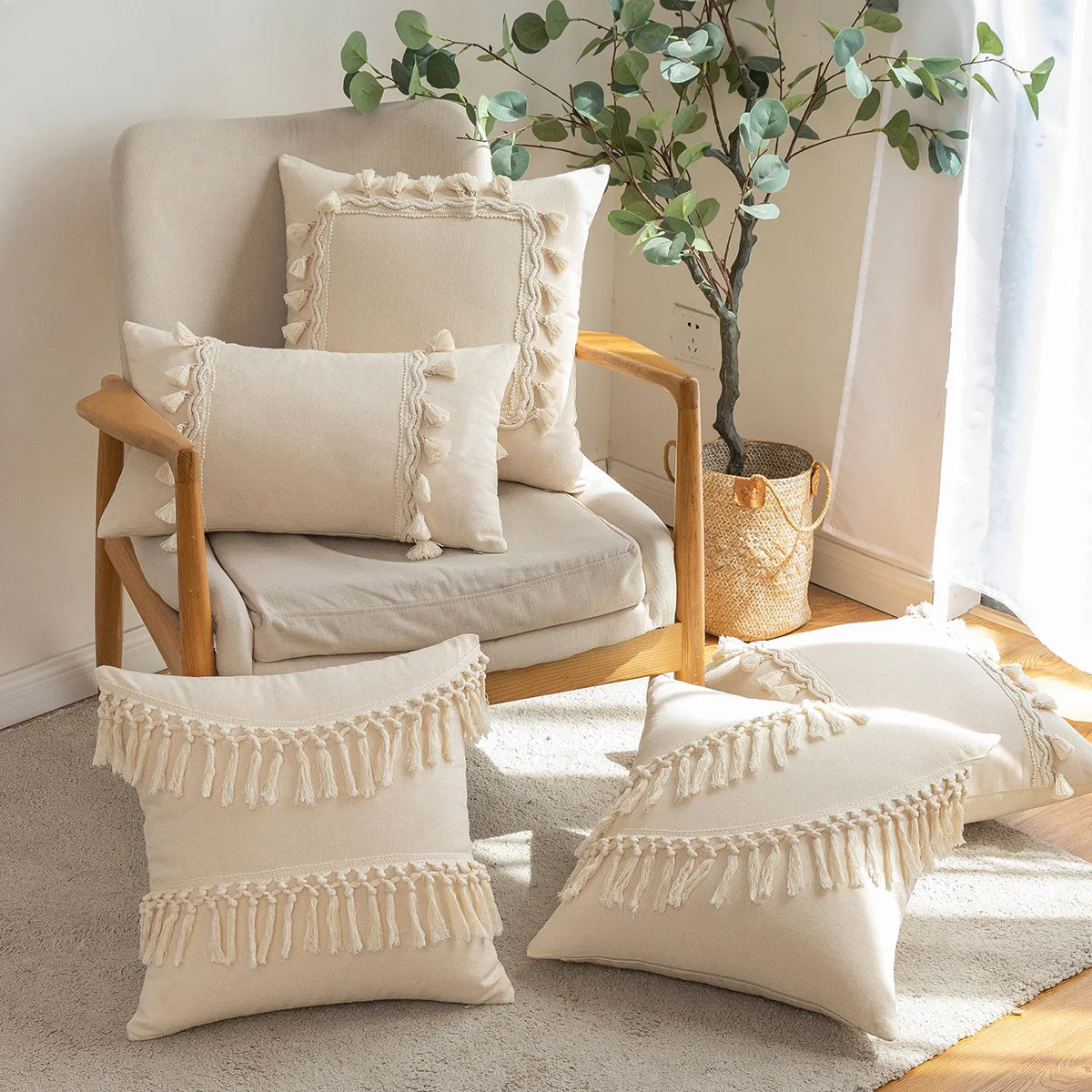 Housse de Coussin Boho Marocaine 🌿 | Touffetée &amp; Pompons – 2 Tailles – Déco Canapé