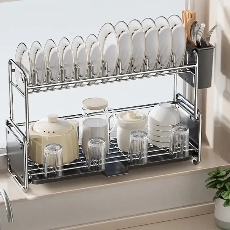 Égouttoir à Vaisselle avec Bac d’Égouttage – Antirouille – 1 ou 2 Niveaux – Gris &amp; Crème
