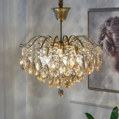 Lustre Cristal Style Français – LED E14 – Cristal Transparent ou Ambré – 3 Tailles – Salon &amp; Salle à Manger