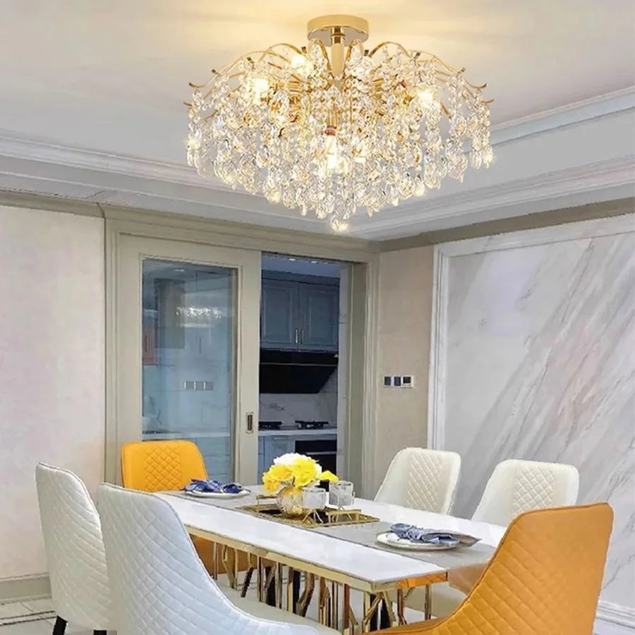 Lustre Cristal Doré LED 3 Couleurs – 6 à 14 Têtes, Plafonnier Luxe Moderne | Gold Crystal Chandelier
