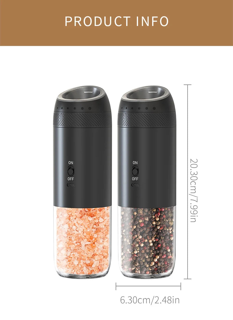 Electric Salt &amp; Pepper Grinder – Integrated LED, Automatic Gravity, Rechargeable – 1 or 2 pieces
