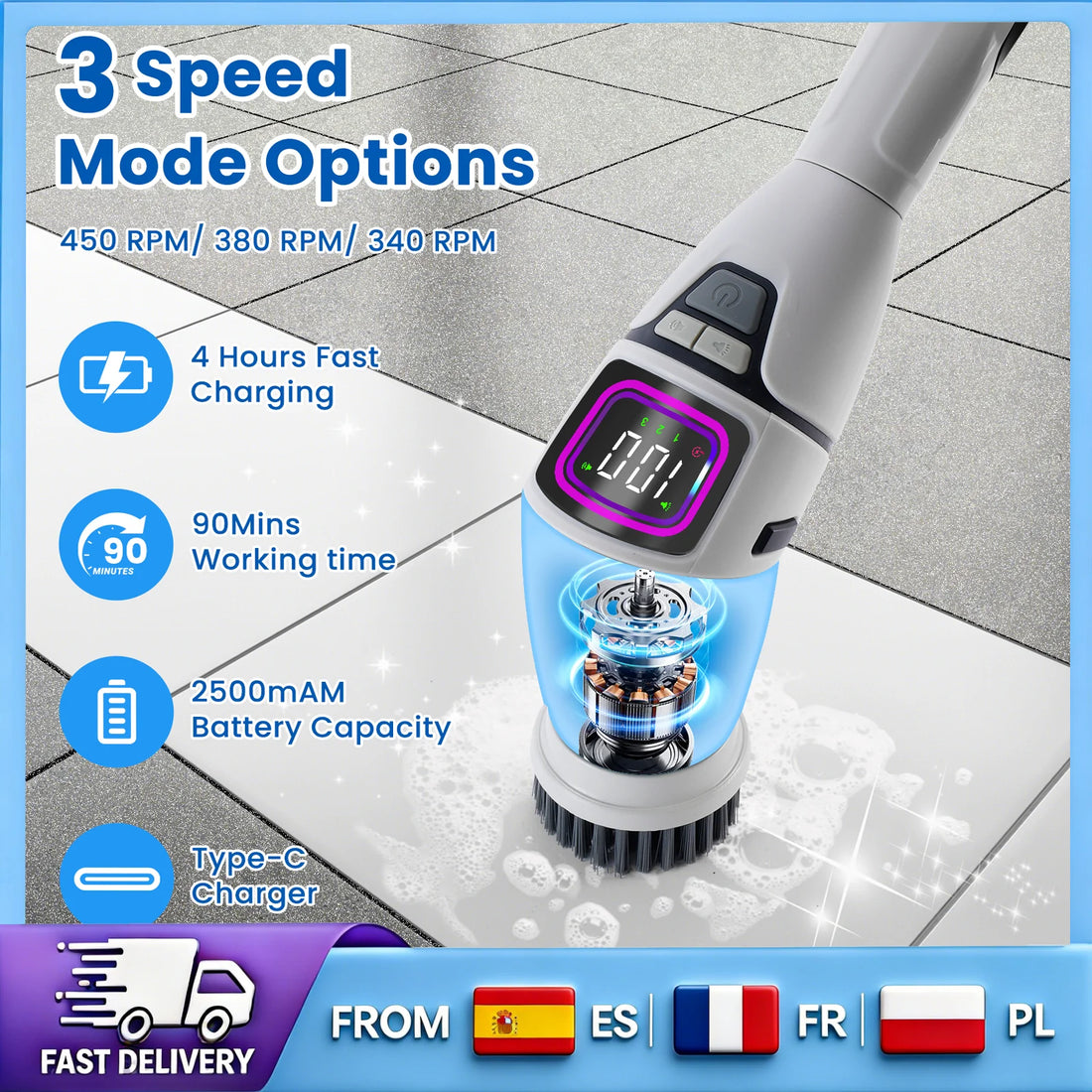 Brosse Électrique de Nettoyage Sans Fil – Télescopique 33-128cm, IPX7 | 13 Têtes