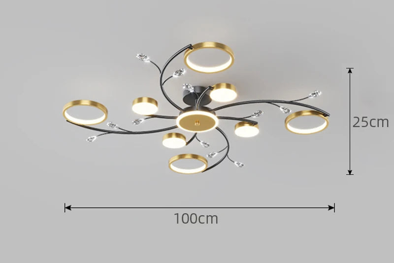 Lustre Plafonnier LED Doré Style Nordique – Dimmable Télécommande – 6, 8 ou 10 Lumières – Salon &amp; Hôtel