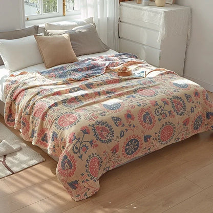 Jeté de Lit 100% Coton Muslin Jacquard – Motifs Floraux | Canapé &amp; Chambre