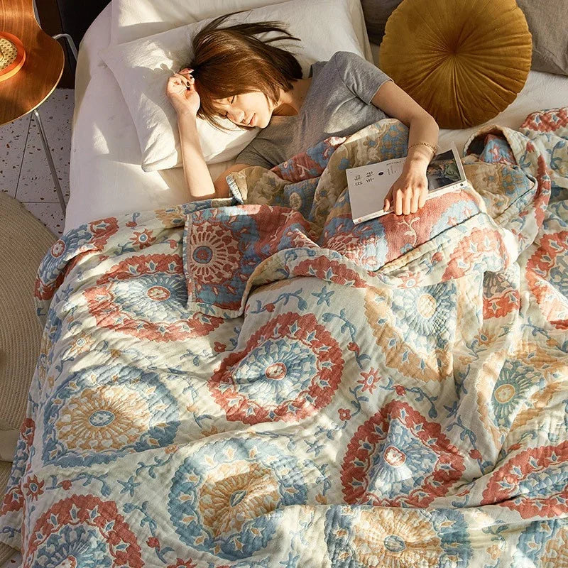 Jeté de Lit 100% Coton Muslin Jacquard – Motifs Floraux | Canapé &amp; Chambre