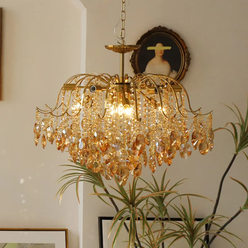 Lustre Cristal Style Français – LED E14 – Cristal Transparent ou Ambré – 3 Tailles – Salon &amp; Salle à Manger