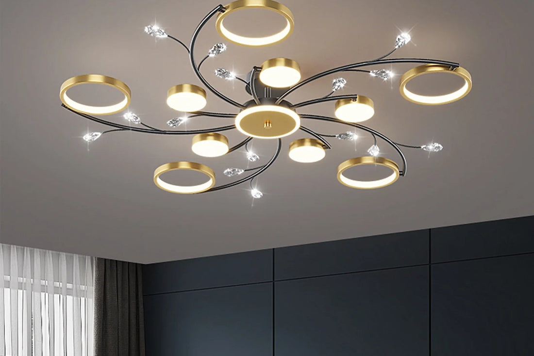 Lustre Plafonnier LED Doré Style Nordique – Dimmable Télécommande – 6, 8 ou 10 Lumières – Salon &amp; Hôtel