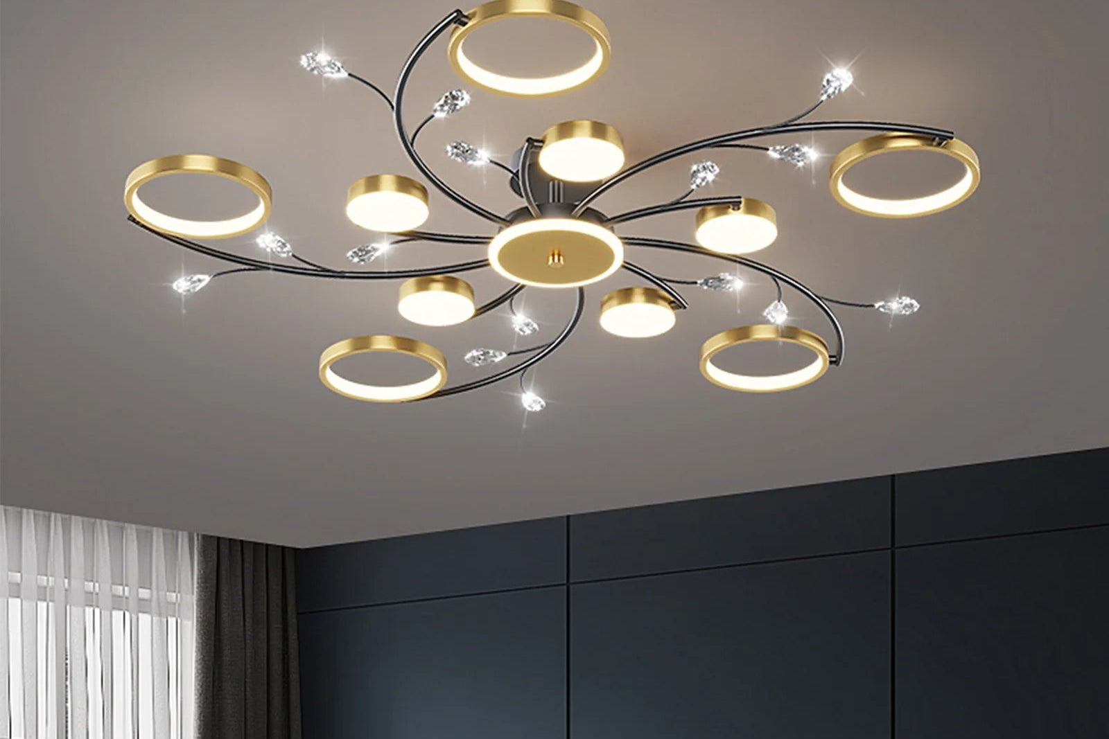Lustre Plafonnier LED Doré Style Nordique – Dimmable Télécommande – 6, 8 ou 10 Lumières – Salon &amp; Hôtel
