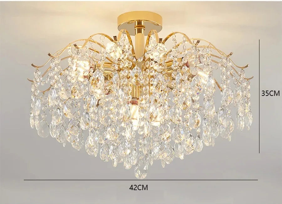 Lustre Cristal Doré LED 3 Couleurs – 6 à 14 Têtes, Plafonnier Luxe Moderne | Gold Crystal Chandelier