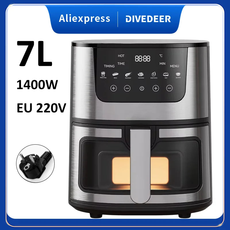 Friteuse à Air Visuelle 7L DIVEDEER – 1400W, Multifonction, Sans Huile