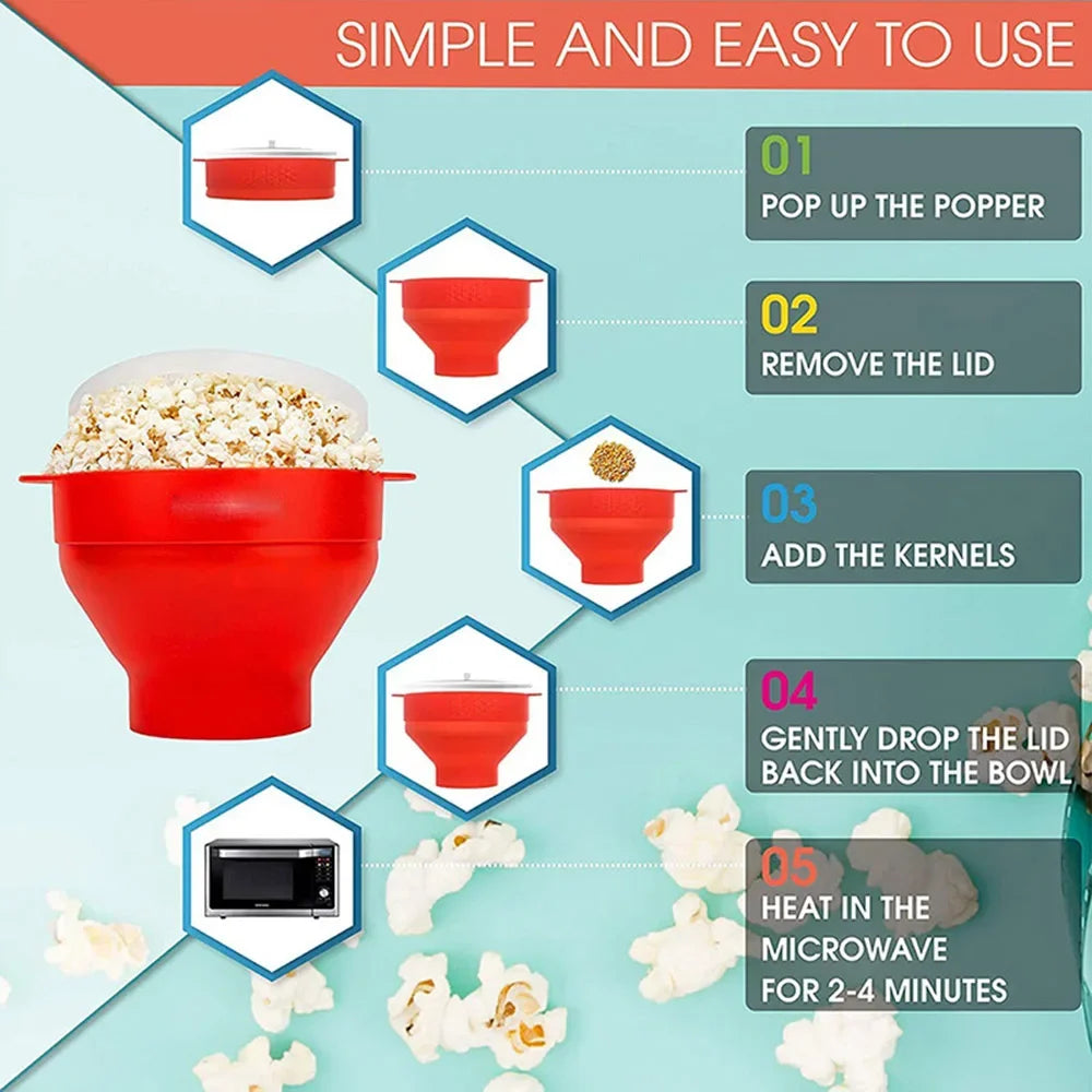 Bol à Popcorn en Silicone – Pliable, Alimentaire, Micro‑Ondes, avec Couvercle